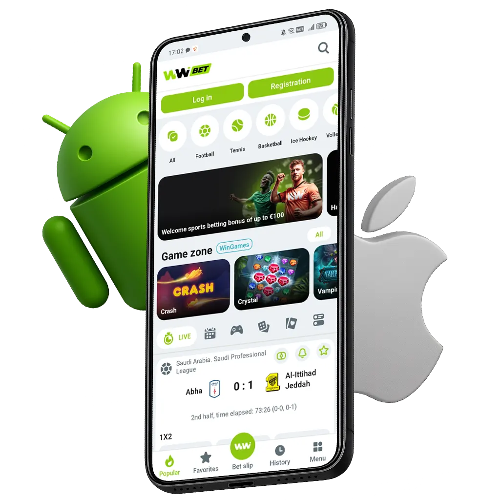 WinWin app home screen on a smartphone, showing sports categories, casino games and a live match